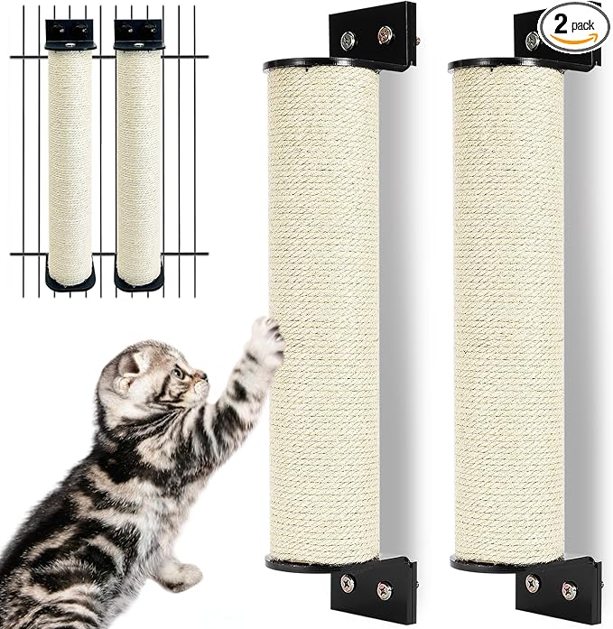 Cat Scratching Post Wall Mounted 2-in-1 Cage Mount Cat Scratcher 2 Pack Natural Sisal Kitty Scratch Posts for Indoor Kittens to Scratch and Climbing 15.7 x 2.7 inches (White)
