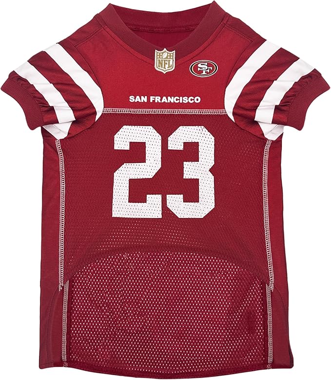 Pets First NFLPA Christian MCCAFFREY PET Jersey #23, NFL Dog Shirt, San Francisco 49ers Mesh Jersey, Size Medium