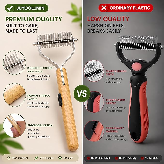 Bamboo Pet Grooming Kit for Medium to Long Haired Dogs & Cats, 4-in-1 Dematting Comb Set with Undercoat Rake, Fine/Wide & Long/Short Tooth Combs, Gentle Deshedding Tools for Indoor Pets