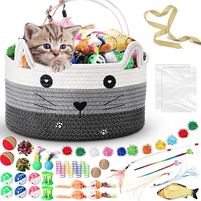 Zopeal 76 Pcs Graduation Cat Storage Basket Gift Toys Set Interactive Cat Toys Kitten Wand Colorful Flashing Balls Pet Crinkle Balls Attract Kitten to Swat, Hunt for Pet Indoor(Grey)