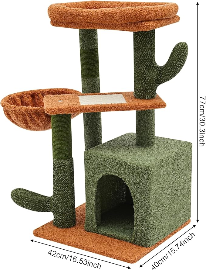 Cat Tree, 30.3in Cat Scratching Climbing Frame, Cactus-Shaped Cat Tree, Double Condos, Scratching Posts, Floor Mount, Soft Surface for Families, Pet Stores, Cat Houses,