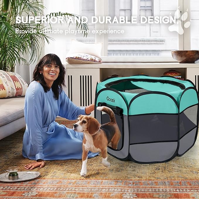 Goozii Pet Cat Playpen for Indoor Cats Enclosed, Puppy Dog Play Pen for Outdoor Travel Camping (Small Size, Green & Dark Grey)