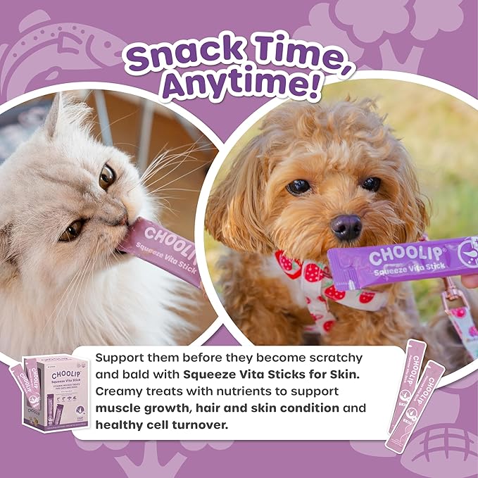 Choolip Squeeze Vita Stick Lickable Cat and Dog Treats, 49-Count Skin and Coat Variety Pack, Salmon and Pollack with Biotin and Vitamin E
