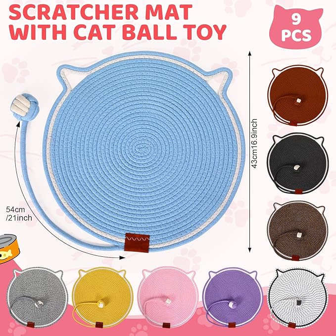 9 Pcs 16.9 Inch Cat Scratcher Mat Bulk Large Natural Cotton Rope Cat Scratch Pad Colorful Round Scratching Pads with Toy Balls for Indoor Cats Furniture Protector for Wall Sofas Carpets