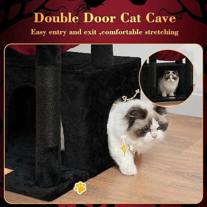 Heybly Cat Tree, Kitten Tower with Large Soft Cat Basket,Cat Condo with Spacious Cat Bed Cave with Hidden Space，Sisal-Covered Scratching Posts,Dangling Ball for Indoor Cats, Black and Red HCT008SBR