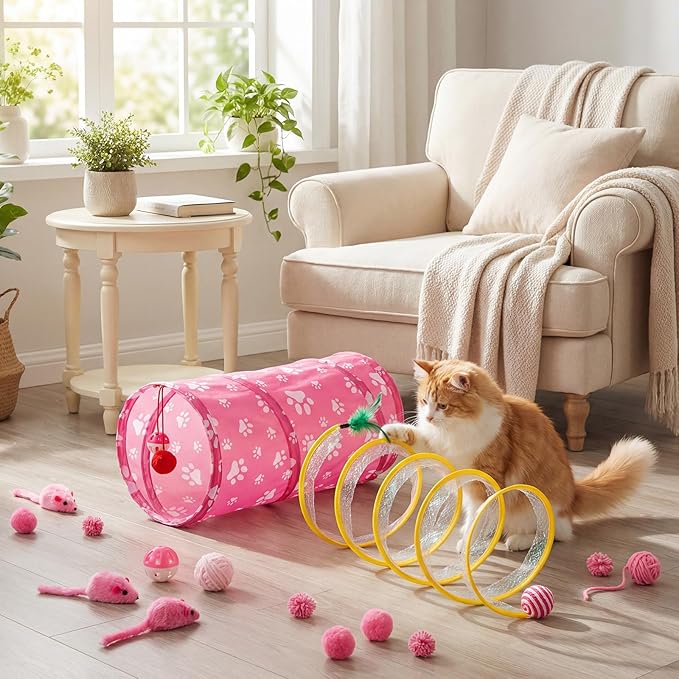 Leitee 40 Pcs Cat Toys Pack for Indoor Cats Kitten, Variety Set with 2 Cat Tunnel Collapsible Cats Spring Tube, Feather Teaser Wand, Bell, Mouse, Fuzzy Ball for Interactive Gift(Pink)