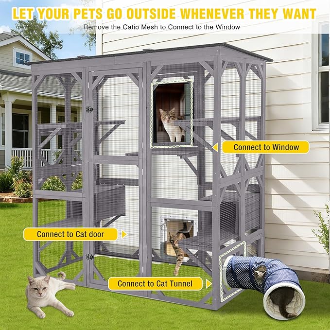 Aivituvin Catio Outdoor Cat Enclosure with 7 Platforms, 2 Resting Boxes, Large Window Cat House for 6-8 Mulitiple Cats Walk in Kitty Cage with Weatherproof Tarp Roof 71"