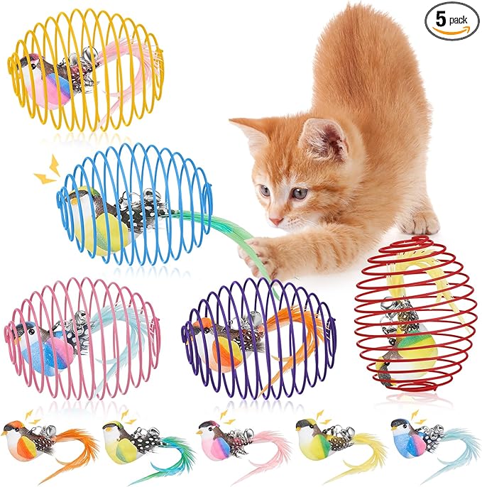 Jecery 5 Pcs Cat Spring Balls Toys Stretchable Rolling Balls Colorful Playful Coils Interactive Action Toy Caged Rats for Kitten Pet Supplies (Bird,Multicolor)