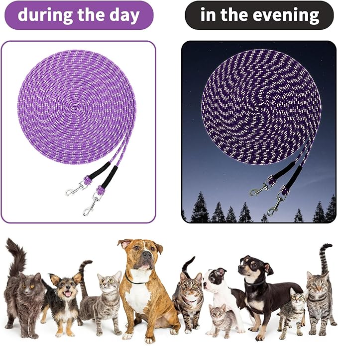 Rypet Reflective Cat Long Leash - 50 FT Escape Proof Walking Leads Yard Long Leash Durable Safe Personalized Extender Lead Traning Play Outdoor for Kitten, Puppy, Rabbit and Small Animals(Purple-L)