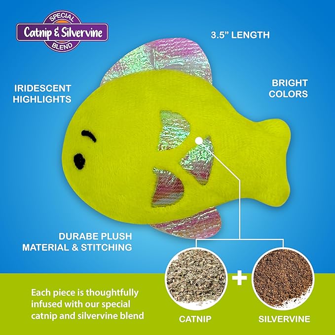 Pounce & Purr® Plush Cat Toys, Catnip & Silvervine Infused, Shiny Iridescent Accents, Interactive Play Toys for Cats & Kittens (Fish)