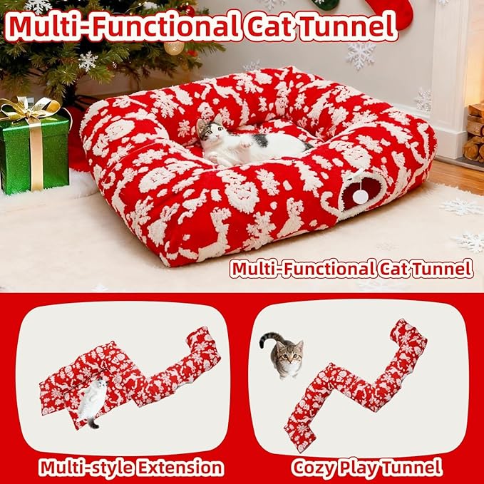 Extra Large Cat Tunnel Bed for Indoor Cats with Warm Mat,Cat Toys Cave Dount Tube for Xmas Decor Red