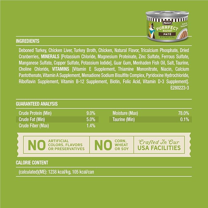 Merrick Purrfect Bistro Grain Free Premium Soft Canned Pate Adult Wet Cat Food, High Protein Turkey Recipe - (Pack of 24) 3 oz. Cans