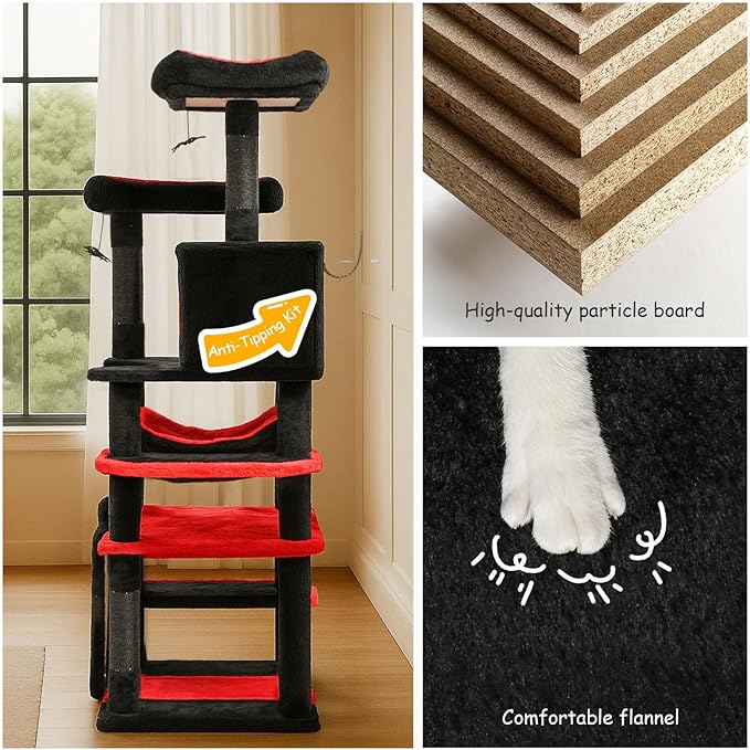BYBYME Gothic Cat Tree for Halloween, 62in Tall Sturdy Furniture Set with Bed House, Hanging Toy, Scratching Board Sisal-Covered Posts, Multifunctional Cat Play Tower with Hammock（Black Red）