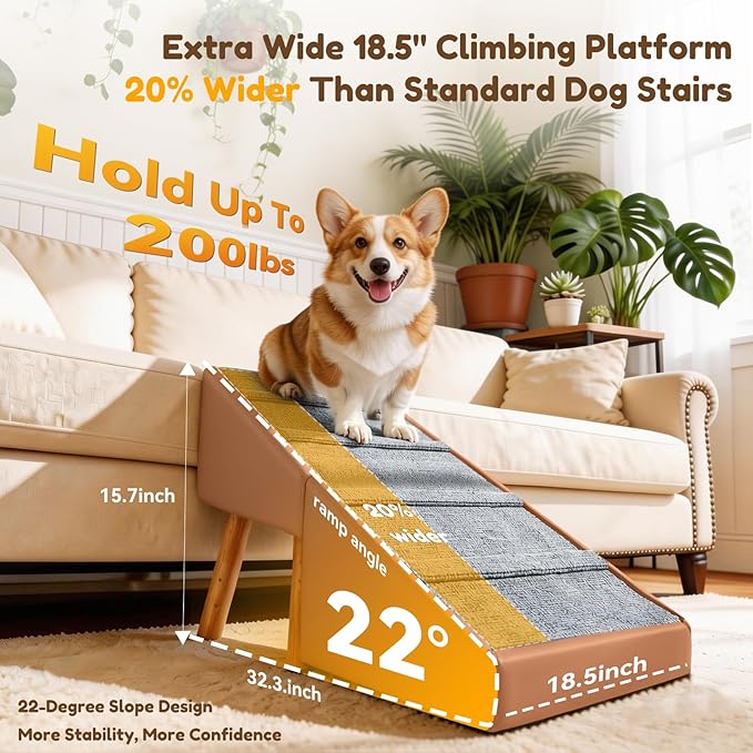Dog Ramp & Stairs for Couch Sofas, 18.5" Extra Wide Pet Steps for Small Dogs, 15.7" H 3-in-1 Foldable Ottoman & Hidden Storage Design, Non-Slip Dog Ramp for Senior & Injured Pets (Camel)