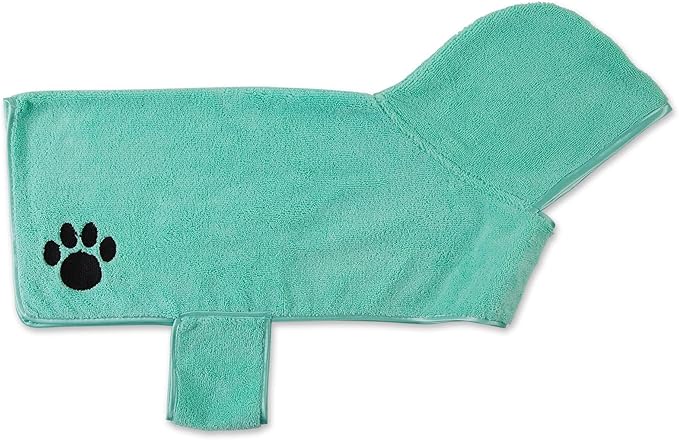 Bone Dry Pet Robe Collection Embroidered Absorbent Microfiber Bath Robe with Adjustable Closure, for Dogs & Cats, Large, Aqua