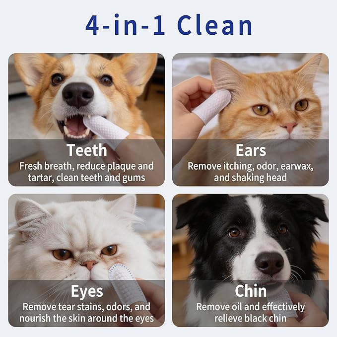Cleaning Finger Wipes for Dogs and Cats, 4 in 1 Pet Finger Wipes, Cleaning, Soothing, Decodorizing Teeth, Ears, Eyes, Chin, Removes Dirt and Odors, Non Irritating, 50 Pcs (2 Count)