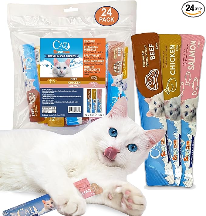 Scoochie Pet Products Cat by Scoochie Assorted Lick Treats – Chicken, Salmon & Beef | 0.5oz | 24 Pack