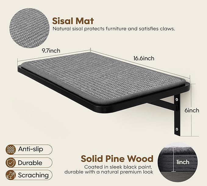 Cat Wall Shelves Set of 2, Black Solid Wood Cat Window Perch with Grey Sisal Cushion, Wall-Mounted Space-Saving Climbing Bed, Lounging Shelf for Kittens & Cats, Black Furniture for Indoor