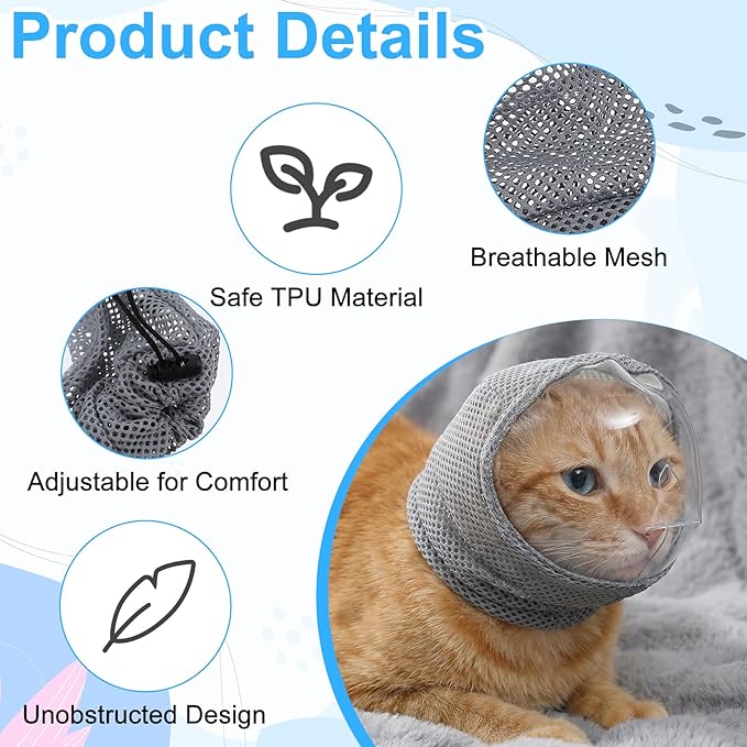 CIATBYYJ Adjustable Cat Muzzle for Grooming, Breathable Cat Pet Head Cover, Transparent Anti-Bite Cats Mask Helmet for Nail Trimming Bathing Vet Visits(S)