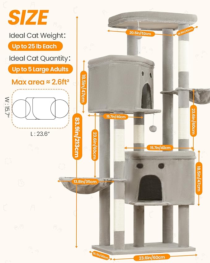 Extra Large Cat Tree, 84 Inch XXL Giant Cat Tower for Indoor Cats Large Adult 20lb+, Multi-Level Cat Climbing Condo with 5 Scratching Posts, 3 Wide Platform Perches, 2 Baskets, 2 Cat Caves, Light Grey