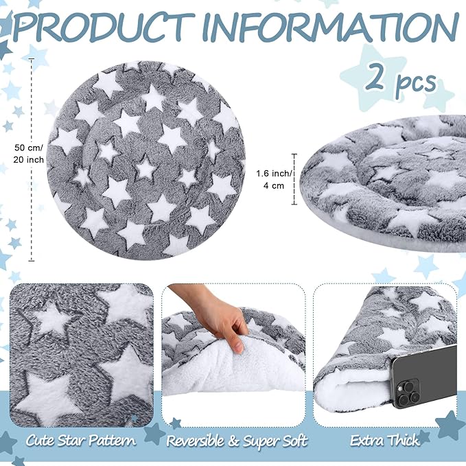 VitalCozy 2 Pack Self Heating Cat Pad Self Heating Cat Bed Machine Washable Heat Pet Mat Reversible Body Thermal Warm Round Dog Bed Crate Blanket for Feral and Indoor Cats(20'',Large Star)