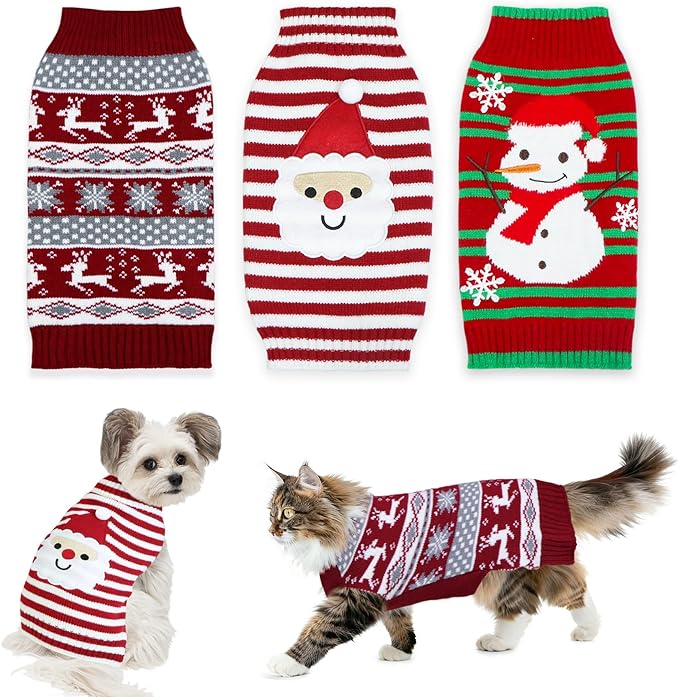 GOYOSWA 3 Pack Cat Christmas Sweater, Knit Pet Cat Sweaters Warm Coat Clothes Santa Reindeer Snowman Christmas Sweater Outfit for Cats Kitten Puppy L