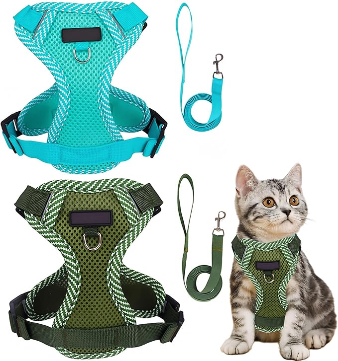 Cat Harness and Leash Escape Proof Harness for Kitten Puppy Adjustable Breathable Cats Dog Easy Walk Seatbelt X-Large 2 Pack, Blue+Green
