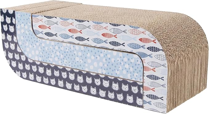 Kitty City 3‑Pack Corrgate Cat Scratcher Pads with Catnip - Horizontal Nail Filing Scratch Mat, Durable Couch Lounger Bed Alternative, Cat Scratch Toy - Cute Fish & Cats Design, Large 18.5” x 9.5”