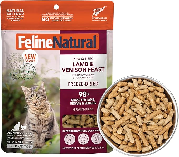 Feline Natural Freeze Dried Cat Food - Grain-Free and High Protein Cat Food from New Zealand, Complete Meal or Topper for Kittens, Adults, and Senior Cats, Grass-Fed Lamb and Venison, 3.5oz