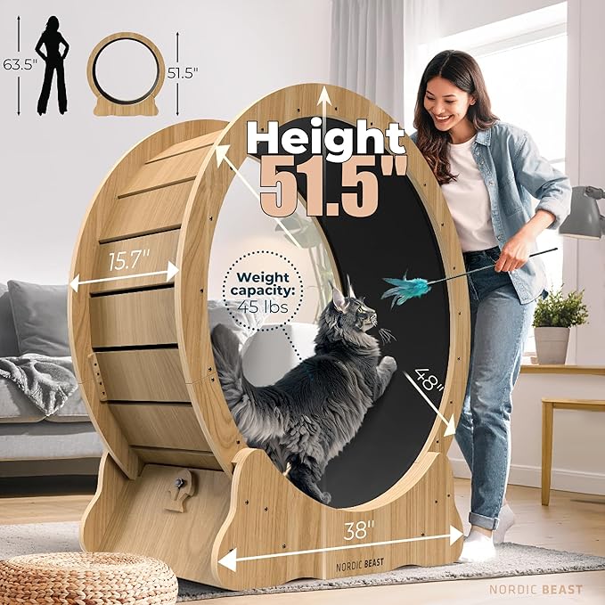Walnut Wood 48'' XL Cat Wheel - Cat Wheels for Indoor Cats Which Doesn't Negatively Affect Your Cat's Spine - 15.7'' Extra Wide Walnut Exercise Wheel - Fits 2 Cats Side-by-Side, 1-Year Warranty