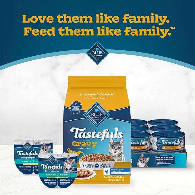 Blue Buffalo Tastefuls Irresistible Gravy Experience Chicken & Brown Rice Recipe Dry Indoor Cat Food for Adult Cats, Deliciously Healthy Natural Cat Food, Supports Digestion & Coat Health, 3 lbs.