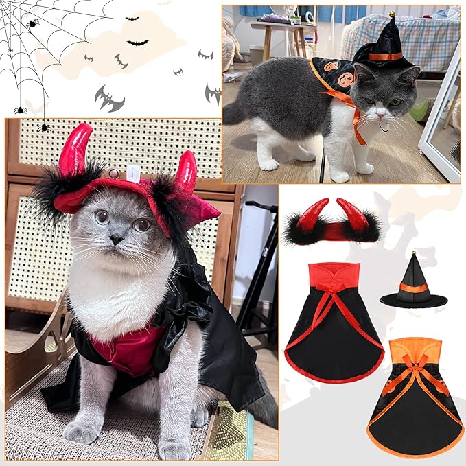 Potchen 5 Pcs Cat Halloween Vampire Costume Halloween Pet Costume Clothes Set Cat Vampire Cloak Devil Witch Hat Bat Wings Wizard Clothes for Puppy Cosplay Dress up Accessories