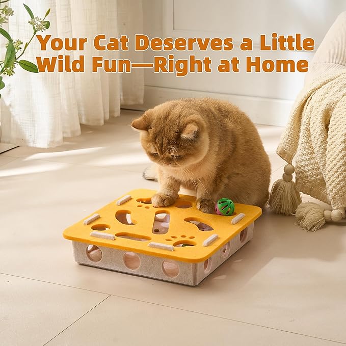 Interactive Cat Puzzle Feeder Toy - Felt Maze Box with 3 Jingle Balls for Indoor Cats, Kittens to Adults - Mental Stimulation, Slow Feeding & Fun Exercise Encourages Natural Hunting Instincts
