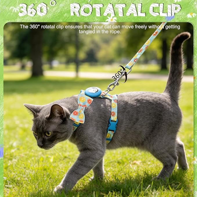 EXPAWLORER Cat Harness and Leash Set with AirTag Holder, Escape Proof Safe Lightweight Adjustable Soft Kitten Harness Set with Bowknot for Small Medium Large Cat Walking Travel Outdoor, Lemon