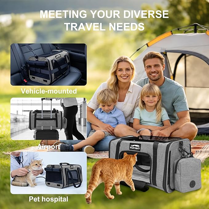 Soft Sided Cat Carrier Airline Approved up to 15lbs, 17x11x9.5 Inch Ventilated Pet Travel Bag with Foldable Litter Box & Storage, Portable Cat Transport Carrier for Flights Car Vet Gray