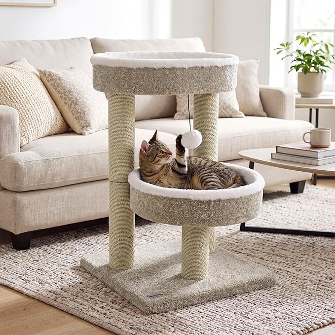 PETSITE 24-inch Small Cat Tree, Multi-Level Modern Cat Tower with Scratching Posts, 2 Comfy Cat Beds, and Interactive Hanging Ball, Ideal for Indoor Cats and Kittens (24-inch Tall)