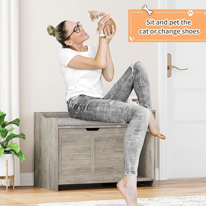TROPOW Cat Litter Box Enclosure Furniture with Top Opening and Cushion, Hidden Litter Box Cabinet with Storage, Privacy Cat Box Enclosure, Grey