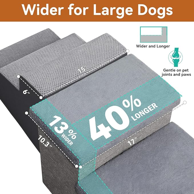 Zerbuger Dog Stairs with Furry Lids 18" H, 3-Step Wider Dog Steps with Storage for Small/Medium/Large Old Dogs Cats, Folding Sturdy Pet Stairs Climbing Bed Couch, Ramp for Car Hold Up to 200 lbs, Grey