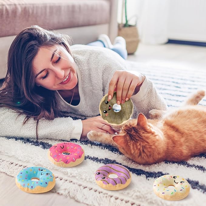 L1rabe Donut Catnip Stuffed Toys for Cats - 5Pcs Pet Days Funny Dessert Organic Cat Toys Pet Supplies, Indoor Cats Chew Bite Teething Tools Kittens Catmint Birthday Present Interactive Supplies