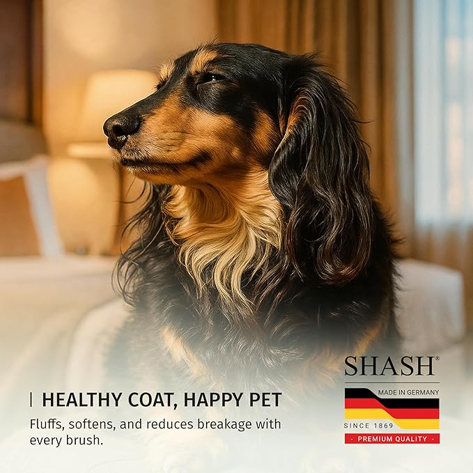 SHASH Since 1869 Hand Made in Germany Slicker Pet Brush with Curved Metal Pins and Rubber Cushion - Helps Detangle Knots, Eliminate Frizz, Reduce Pulling & Snagging