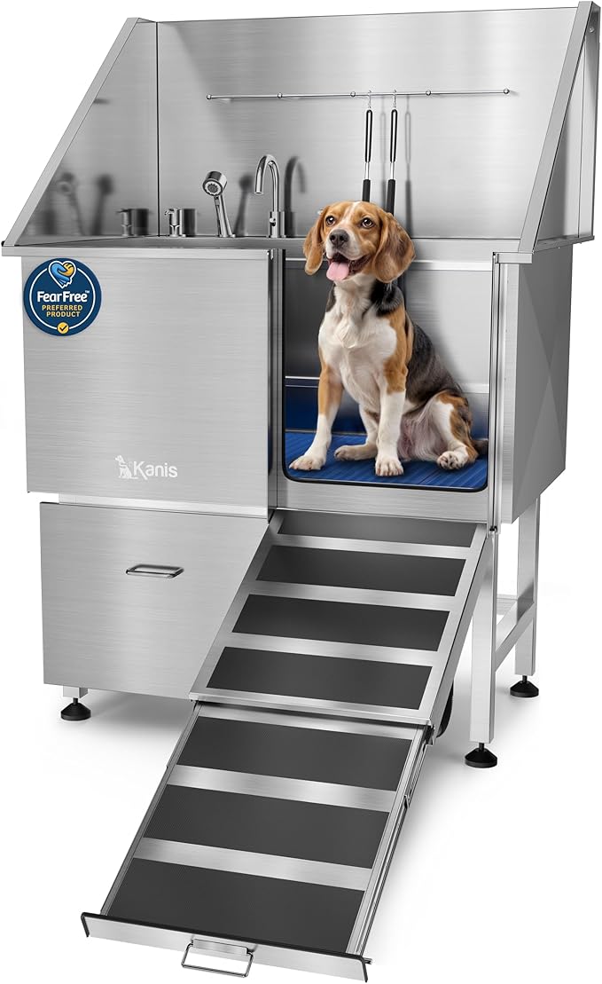 KANIS Professional Dog Washing Station 304 Stainless Steel Pet Wash Sink & Grooming Bathtub w/Shower, Floor Grates and Storage for Large, Medium & Small Pets (Silver, 40 Inches, Right Ramp, 1 Drawer)
