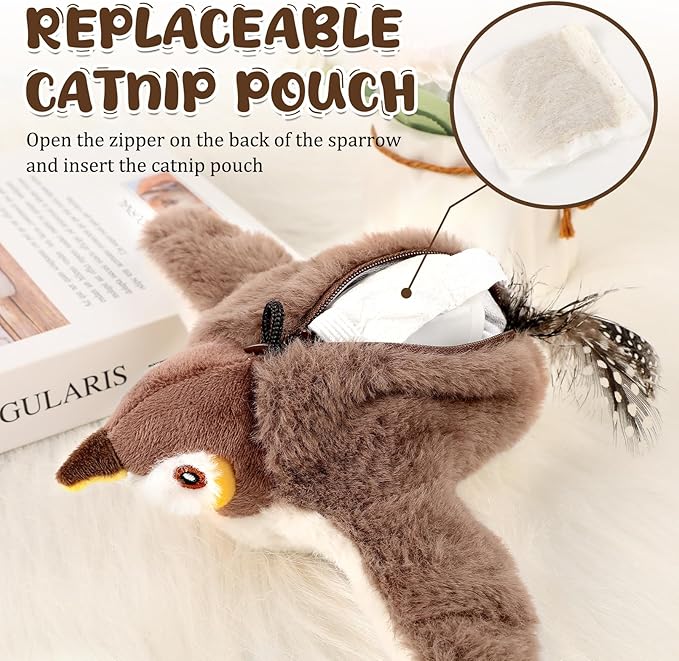 Interactive Chirping Bird Cat Toys - Flying Birds Cats Toy with Flapping Wings, Realistic Electric Sparrow Pet Plush Toys, Relieving Boredom Flying Bird Cat Toys for Indoor Cats