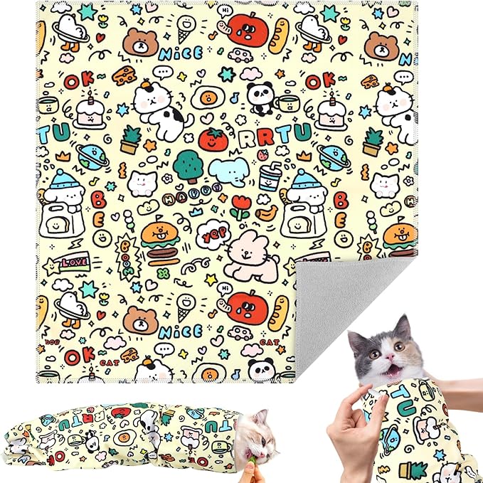 27.6" Cat Grooming Wrap for Cutting Nails, Graffiti Pattern Self-Adherent Fabric Wrap for Cats, Anti-Scratch Anti-Escape Multifunctional Cat Swaddle Tool for Teeth Brushing, Ear Cleaning
