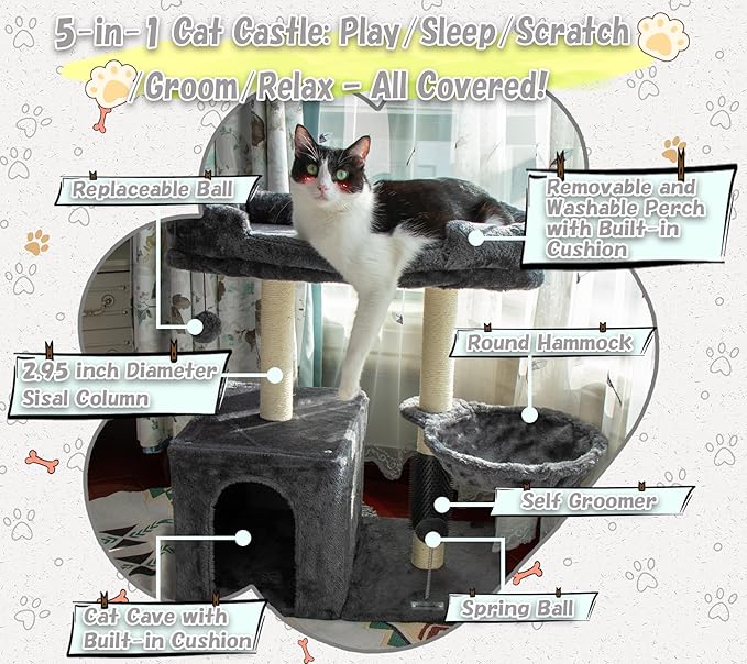 28.4" Small Cat Tree Tower,Cat Scratching Post for Indoor Cats,Featuring with Cat Cave & Cozy Perch,Cat Self Groomer and Interactive Dangling Ball Great for Kittens/Cats (Smoky Gray, Large)