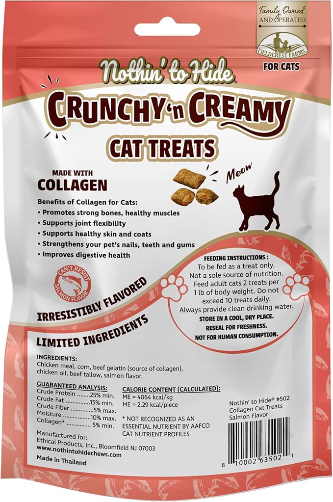 Fieldcrest Farms Nothin’ to Hide Collagen Cat Treats – Crunchy & Creamy Cat Snacks, High-Protein Healthy Treats for Skin, Coat & Joint Support, Salmon Flavor, 3 oz.