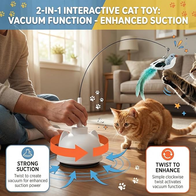 2 in 1 Electric Cat Wand Toy Interactive Cat Toys for Indoor Cats 360° Flying Bird Cat Toy, 2-Speed Fly Cat Chase Toy Automatic Cats Toys with Self ON/Off Suction Cup Electric Cat Teaser Wand