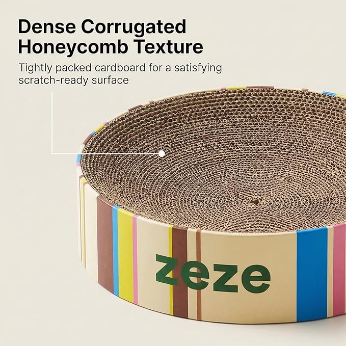 ZEZE Round Cat Scratcher Bed — Durable Corrugated Cardboard Cat Lounge, Scratch & Sleep Bowl Shape Cat Bed, Cozy Curved Design, Minimal Mess, Sturdy Edge Support (Cream Mille-Feuille)
