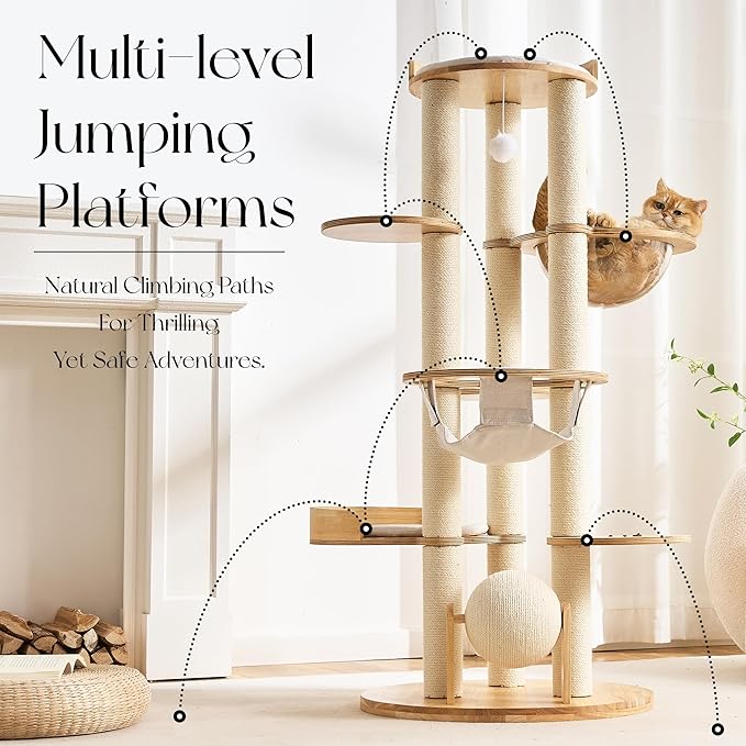 797Audio Modern Solid Wood Cat Tree Tower, 54" Tall Cat Tree with Scratching Posts, Capsule&Hammock, Luxury Natural Oak Wood Cat Tower, Aesthetic Multi-Level Cat Climbing Tree for Large Indoor Cats