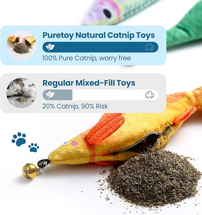 Catnip Toys, [12000mg] Extra Large Toys for Indoor Cats with Removable Bell, 100% Natural North American Catnip Floppy Fish Cat, Crinkle Sound & Soft Cotton-Free Surface