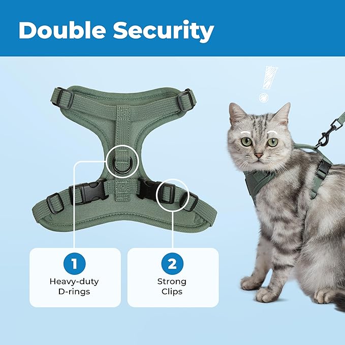 Voyager Escape-Proof Step-in Lock Cat Harness & 5ft Neoprene-Handle Leash Set All-Weather Mesh with Reflective Stitching for Small to Large Cats by Best Pet Supplies, Moss Green (327), XXS